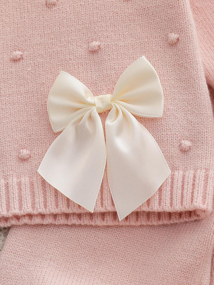 SHEIN Baby Girls Sweater Co-Ords Infant Baby Pullover Lace Ruffle Collar Knitted Long Sleeve Sweater Comfortable Suitable For Autumn/Winter + Knitted Footed Pants Two Pieces Set Apricot Versatile Daily Bow Heavy Work Exquisite Gentle Lady Elegant Fashionable Stylish Suitable For Outings And Travel - Baby Pink - View 4