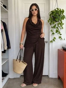 Comfortcana Women's Plus Size Draped Neck Backless Cowl Neck Asymmetrical Hem Waist-Cinching Tank Top And Loose Straight Leg Pants 2 Pieces Set - Brown - View 7