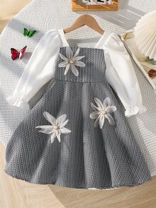 SHEIN 白色黑色拼接長袖羊腿袖3D花朵洋裝 時尚優雅仙女公主風 舒適 適合嬰兒洗禮 7歲生日派對 秋季 - 彩色 - 查看 5