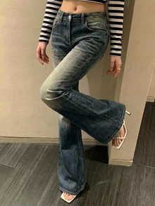 DAZY Women's Blue-Grey Washed Distressed High-Waist Slim Fit Flared Leg Vintage Casual Denim Jeans - Blue - View 3