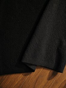 MOTF PREMIUM AUTUMN/WINTER GENTLE ELEGANT COMMUTE DATE EXQUISITE HIGH-END TEXTURED KNIT FABRIC CONTRAST COLOR LAPEL LACE PEARL BUTTON SLIM FIT SHORT BLACK SWEATER DRESS - Black - View 8