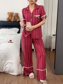 Napfluff 條紋印花休閒居家服撞色翻領短袖女款睡衣長褲套裝 - 酒紅色 - 查看 6