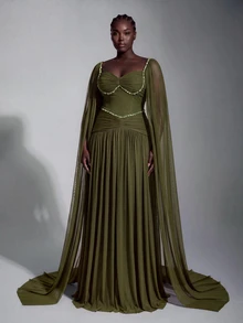 Elitara Plus Size Elegant Fashion Romantic Olive Green Stretch Fabric Beaded Decor Extra Long Flutter Sleeves Shell Chest A-Line Maxi Dress Suitable For Vacation Wedding Event Guest Formal Party Bachelorette Party Evening Gala - Olive Green - View 5