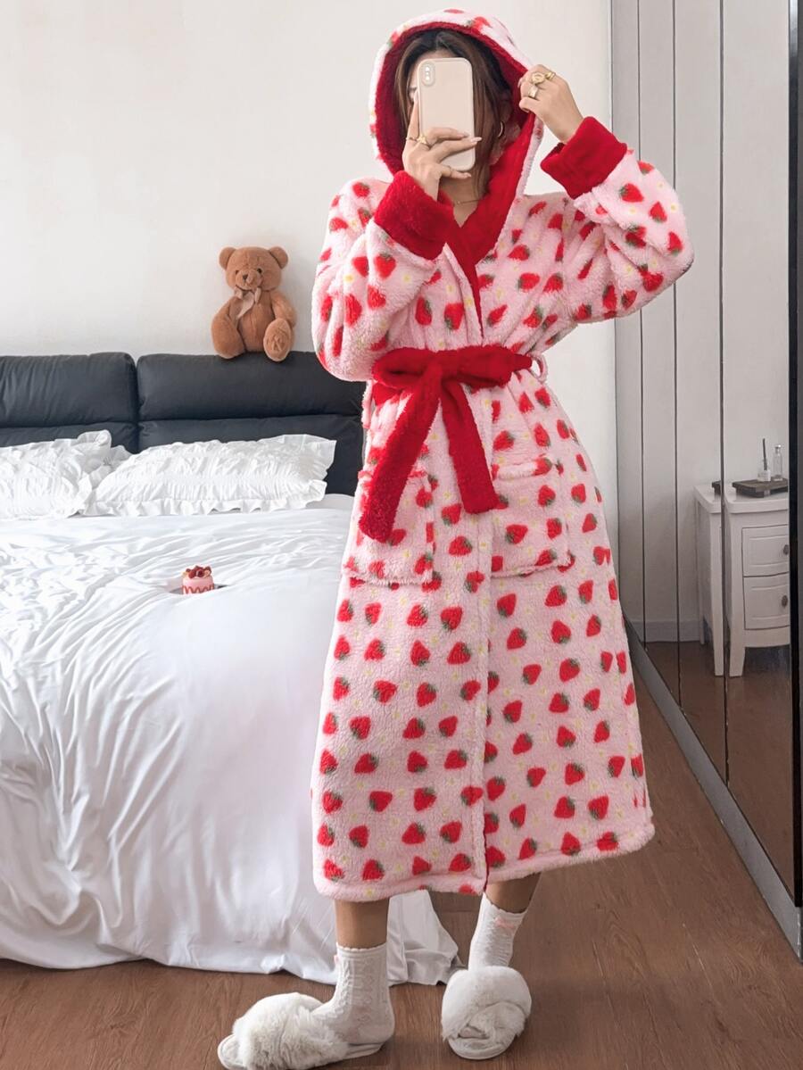 SHEIN Strawberry Tie Sweet Winter Robe Loungewear - Multicolor - View 1