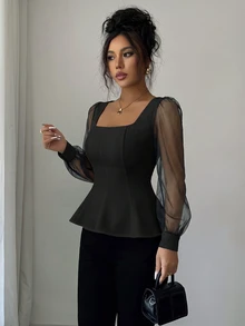 Elenzga Women's Solid Color Mesh Petal Sleeve Square Neck Ruffle Hem Elegant Blouse - Black - View 5
