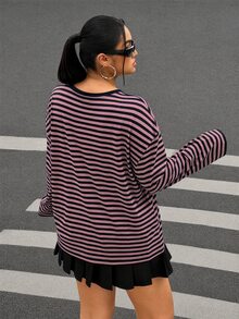 Muchica Plus Size Korean Style Minimalist Striped Colorblock Long Sleeve Crew Neck T-Shirt Fall - Multicolor - View 2