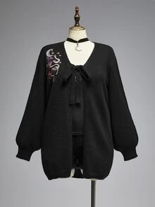 ROMWE Vintage Dark Gothic Forest Snake Moon Pattern Embroidered Plus Size Sweater Cardigan Autumn Winter New Style - Black - View 1