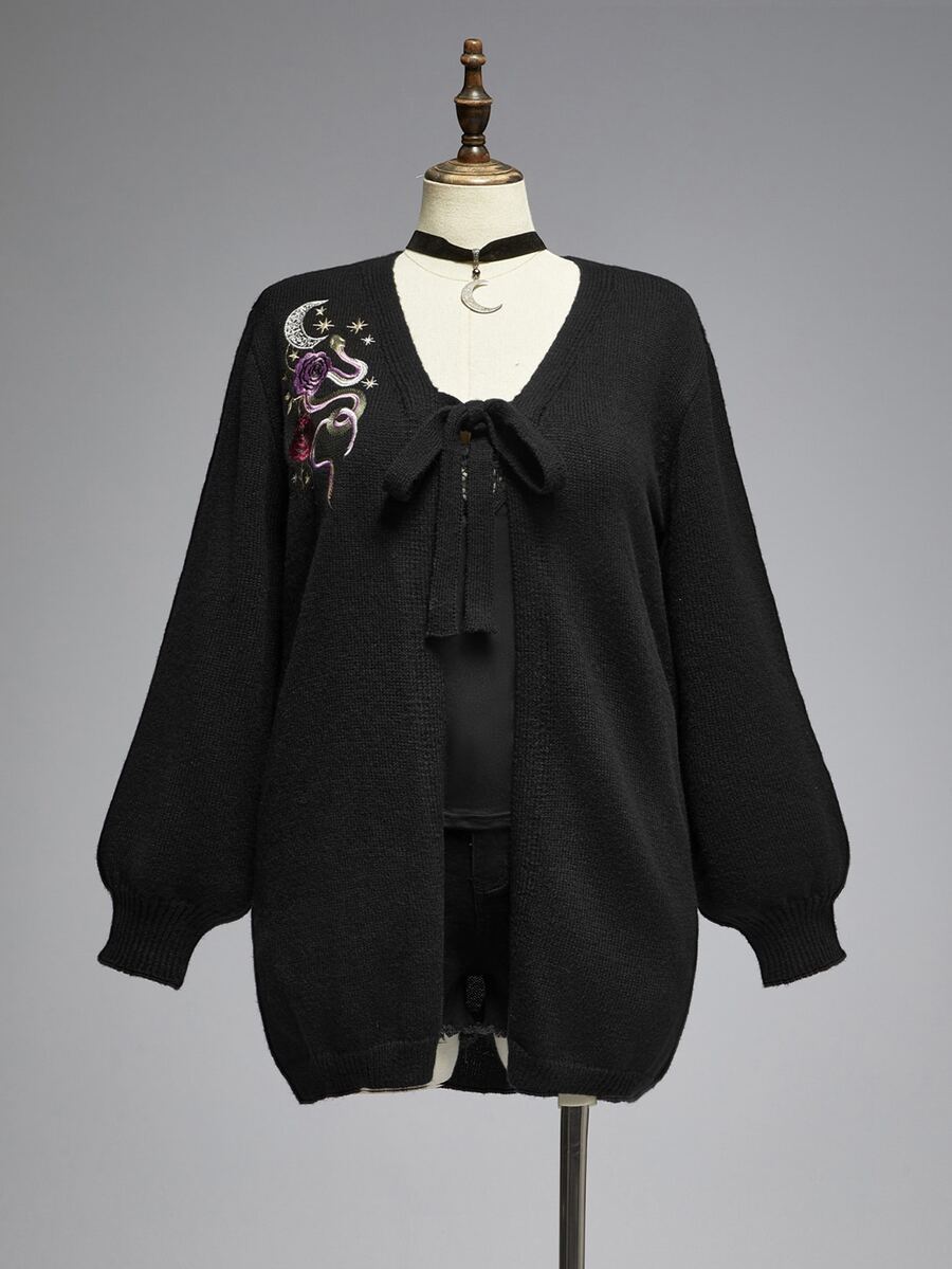 ROMWE Vintage Dark Gothic Forest Snake Moon Pattern Embroidered Plus Size Sweater Cardigan Autumn Winter New Style - Black - View 1