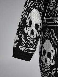 ROMWE Goth Vintage Casual Versatile Dark Skull Pattern Plus Size Knit Long Loose Cardigan - Black - View 4