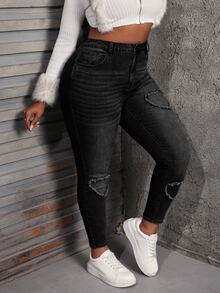 SHEIN PETITE CURVE Plus Size Fashion Versatile Button Applique Embroidered Jeans Fall/Winter Formal Business Chic All-Match Goth Halloween Christmas Festival PETITE CURVE - Black - View 6