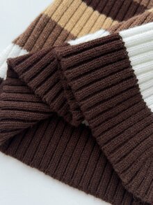 Elamini Minimalist Women's Autumn/Winter Brown Long Sleeve Asymmetric Shoulder Cold Shoulder Striped Fitted Knit Sweater Top - Brown - View 7