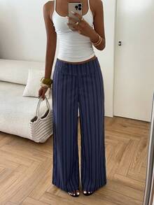 Aloruh Women's Waist Button Design Striped Wide Leg Loose Long Pants - Navy Blue - View 3