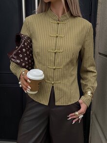 Siren Gaze Autumn New Style New Chinese Frog Button Shirt Women - Brown - View 9