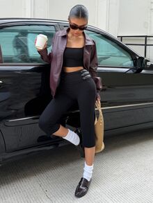 Muchica Black High Waist Decor Women's Mid-Length Pants Napoleonic Punk Y2K Black Slimming Versatile Leggings Elegant Sports Casual - Black - View 5