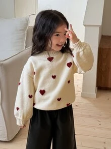 Dazy Kids Áo len bé gái sơ sinh cổ tròn họa tiết trái tim tay dài phong cách Hàn Quốc cho mùa thu/đông - trắng - Xem 6