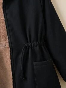 Jaket Musim Gugur Anak Perempuan Remaja Warna Polos Lengan Panjang dengan Resleting dan Lapisan Termal, Dilengkapi Tudung, - Khaki - View 5