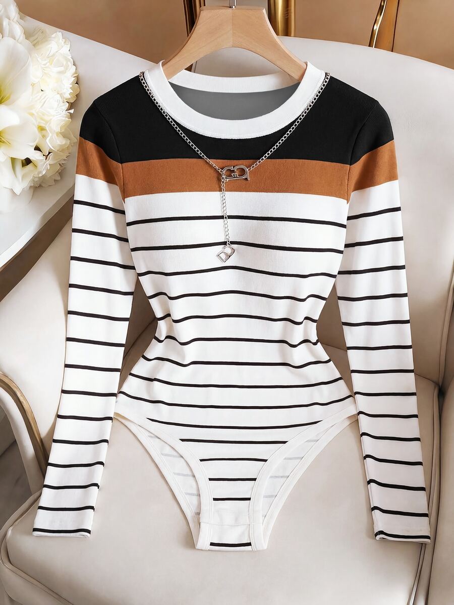 Resyla Women's Autumn/Winter New Hot-Selling Color Block Striped Pattern Slim Fit Versatile Bodysuit - Multicolor - View 1