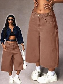 SHEIN EZwear 女款休閒寬腿鬆身長度口袋設計九分牛仔褲 - 摩卡棕 - 查看 1