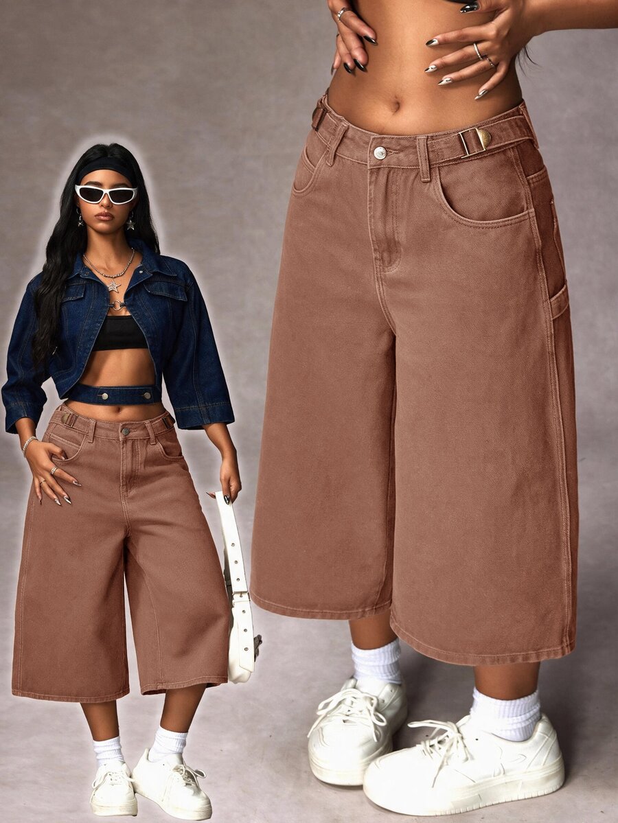 SHEIN EZwear 女款休閒寬腿鬆身長度口袋設計九分牛仔褲 - 摩卡棕 - 查看 1