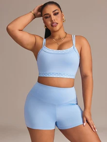 Rhythm Era Setelan Olahraga 2 Potong Atasan Camisole dan Celana Pendek Motif Polkadot Ukuran Plus untuk Wanita - Biru - View 4