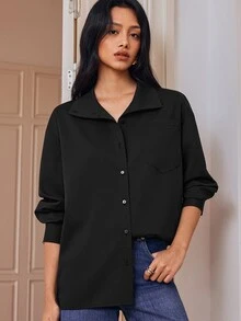 Écloséra Kemeja Lengan Panjang Klasik Gaya Eropa & Amerika Musim Semi Panas Baru Fashion Serbaguna Warna Polos Kerah Besar Elegan untuk Ngantor - Hitam - View 3