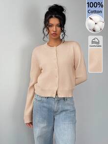 SHEIN BASICS 女款極簡復古單排扣長袖針織開襟衫 - 卡其色 - 查看 3