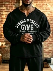 GymBeat Kaos Olahraga Kasual Lengan Panjang Leher V Berlekuk dengan Cetakan Huruf untuk Pria - Hitam - View 3