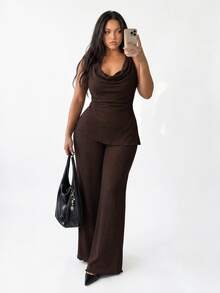 Comfortcana Women's Plus Size Draped Neck Backless Cowl Neck Asymmetrical Hem Waist-Cinching Tank Top And Loose Straight Leg Pants 2 Pieces Set - Brown - View 11