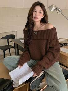 DAZY 女款極簡主義羅紋針織露肩長袖毛衣，適合通勤 - 棕色 - 查看 2
