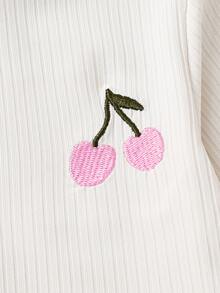 Young Girl Textured Ribbed Fruit Embroidered Round Neck Long Sleeve Top And Plaid Print Long Pants Loungewear Set Suitable For Autumn/Winter Wear - Apricot - View 4