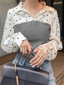 FRIFUL Women's Autumn Patchwork Polka Dot Blouse - Grey - View 6