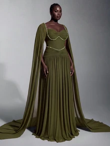 Elitara Plus Size Elegant Fashion Romantic Olive Green Stretch Fabric Beaded Decor Extra Long Flutter Sleeves Shell Chest A-Line Maxi Dress Suitable For Vacation Wedding Event Guest Formal Party Bachelorette Party Evening Gala - Olive Green - View 7
