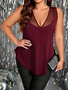 EMERY ROSE 大尺碼女款優雅派對性感顯瘦修身休閒極簡通勤百搭日常網格拼接V領無袖背心上衣 - 酒紅色 - 查看 3