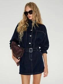 ATUI Studio Gaun Denim Lengan Panjang dengan Kancing Depan dan Pinggang Ramping untuk Wanita, Model Street Style, dan Saku. - Dark Wash - View 8