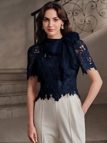 Anewsta Spring Summer French Gentle Style Beige Hollow Lace Bowknot Versatile Women's Blouse - Navy Blue - View 3