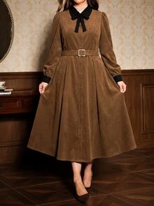 Auvina Plus Size Women's Woven Casual Fall Long Dress - Brown - View 4