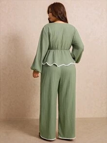 Elaquor Plus Contrast Binding Peplum Top & Wide Leg Pants Fall - Green - View 2