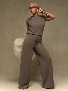 Vixey Tailored Wide Leg Jumpsuit With Padded Shoulders, Office Work Wear, Business, Daily - Khaki - View 1