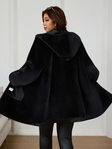 SHEIN Clasi 大尺碼女款抓絨長袖連帽拉鍊冬季外套 - 黑色 - 查看 2
