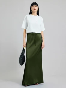 Ontre 女款套裝 2026 秋季新款 橄欖綠緞面修身長裙 優雅休閒鄉村風 適合海灘、日常、約會、早午餐、度假、音樂會穿著 - 軍綠色 - 查看 2