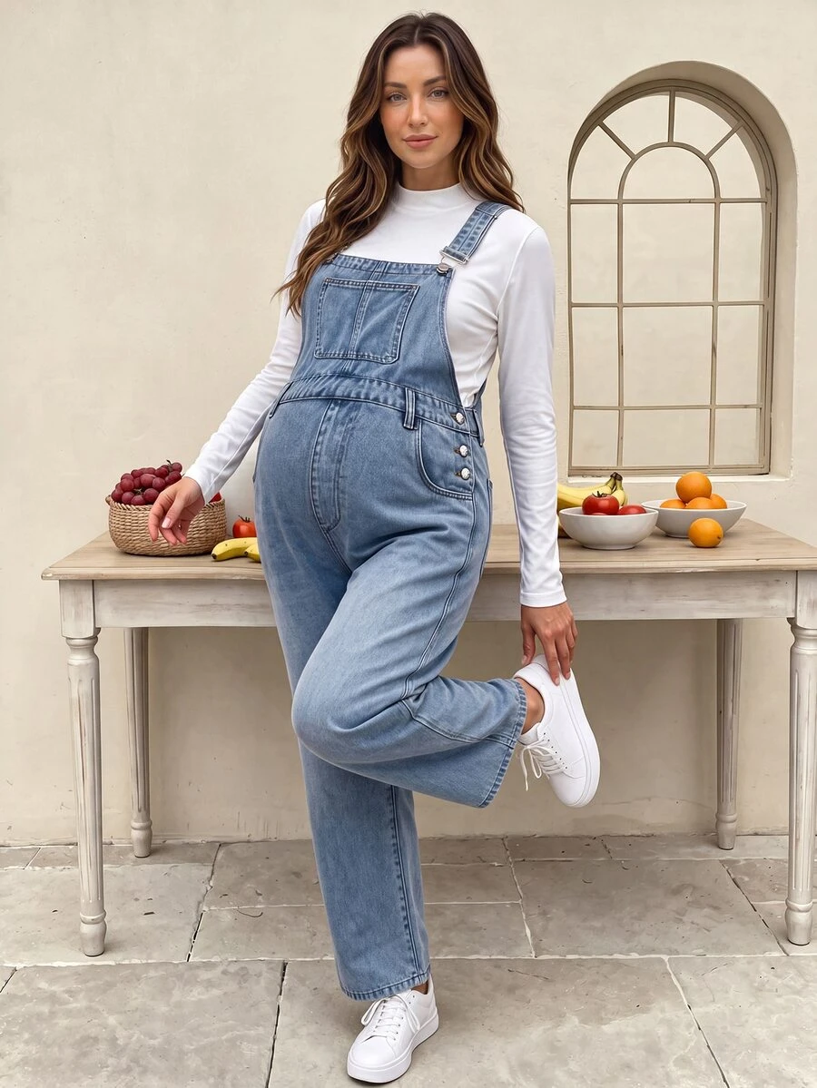 SHEIN Maternity Loose Sleeveless Denim Overalls - Medium Wash - View 1