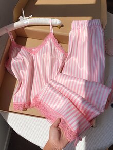 Comfortcana Women's Contrast Lace Striped Camisole Top And Long Pants 2 Pieces Set - Pink - View 1
