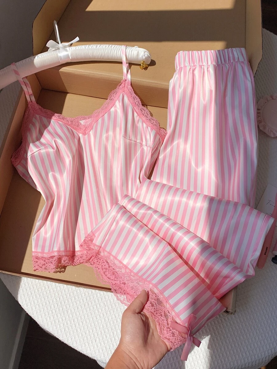 Comfortcana Women's Contrast Lace Striped Camisole Top And Long Pants 2 Pieces Set - Pink - View 1