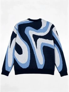 Chillumni Men's Colorblock Crew Neck Dropped Shoulder Long Sleeve Casual Loose Sweater - Blue - View 2
