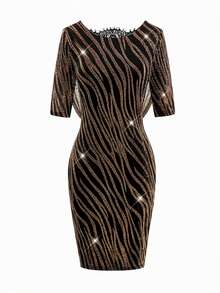 SHEIN Clasi Women's Zebra Print Mesh & Lace Patchwork Backless Cowl Neck Short Sleeve Fitted Bodycon Mini Dress - Black and Gold - View 4