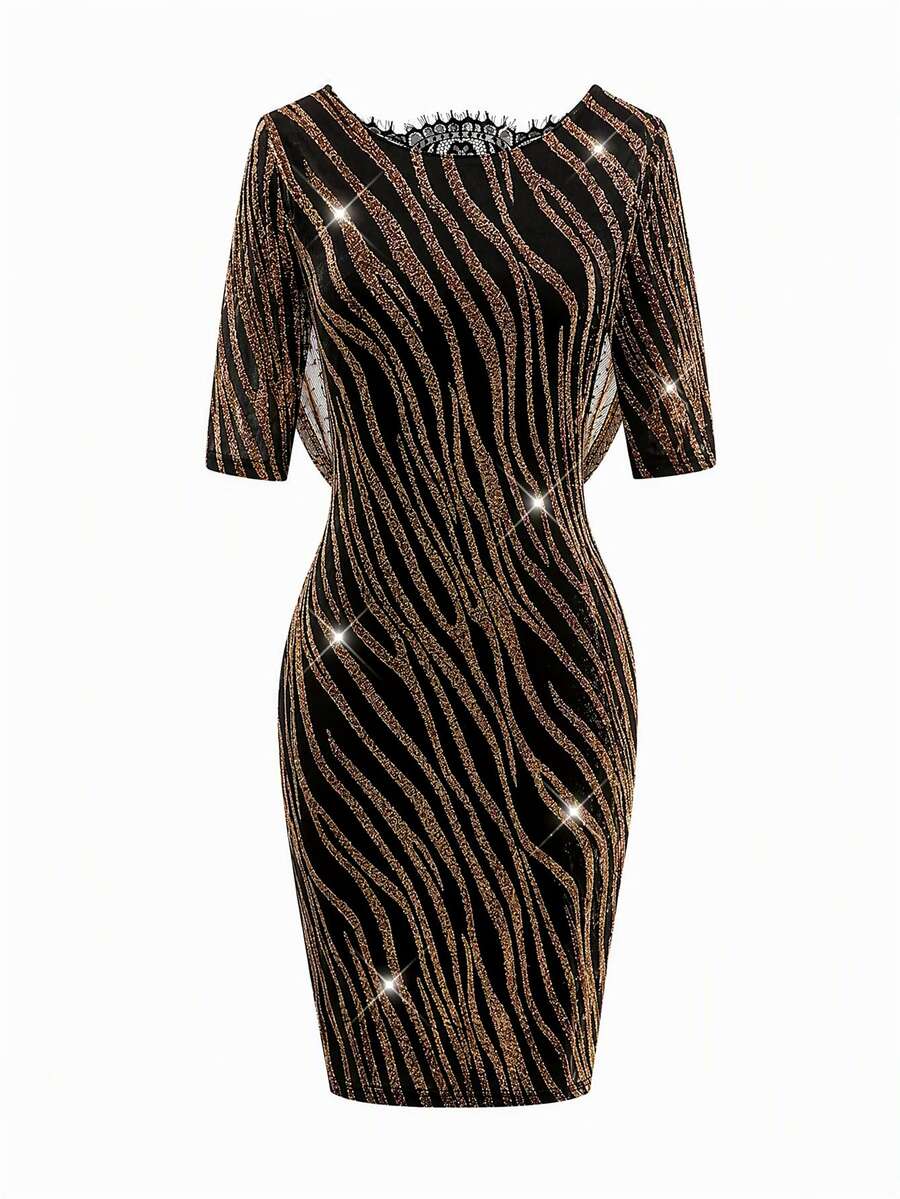 SHEIN Clasi Women's Zebra Print Mesh & Lace Patchwork Backless Cowl Neck Short Sleeve Fitted Bodycon Mini Dress - Black and Gold - View 1