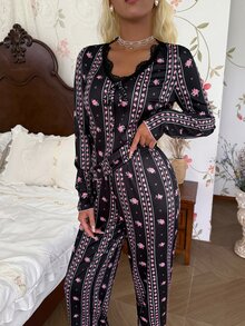 CottageSlumber Ditsy Floral Pajama Set With Delicate Lace Trim, Comfortable Casual Long Sleeve & Long Pants - Black - View 5