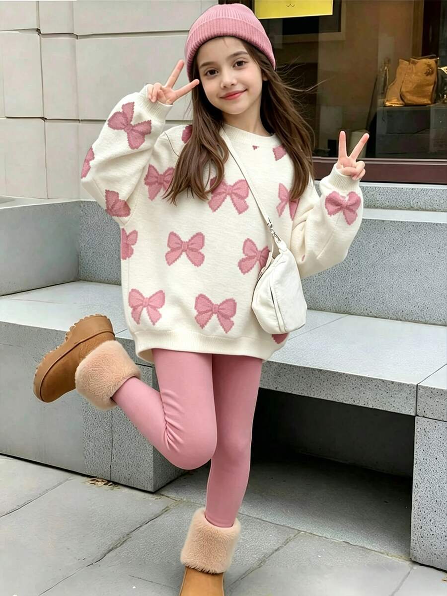 少女休閒可愛蝴蝶結美式復古紅色圓領長袖衛衣與內搭褲兩件套,適合秋冬穿著的舒適秋季冬季風格,Kawaii、Chill、秋天、冬天 - 彩色 - 查看 1