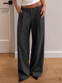 DAZY Women's Dark Grey Vertical Striped High Waist Pocket Pleated Loose Wide Leg Commuter Versatile Casual Long Pants - Black - View 1