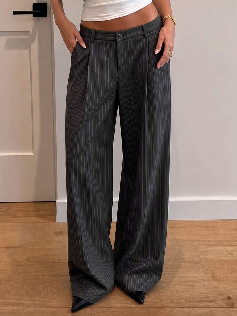 DAZY Women's Dark Grey Vertical Striped High Waist Pocket Pleated Loose Wide Leg Commuter Versatile Casual Long Pants - Black - View 1
